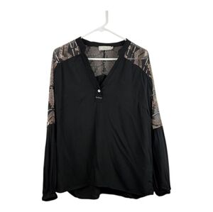 Cream Black Long Sleeve Velvet Patterned Buttoned Blouse 100% Viscose